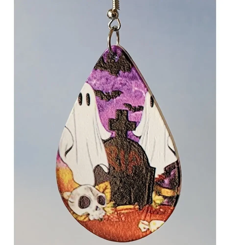 Ghost Graveyard Teardrop Earrings Lightweight Wood New